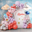 ECEAE 137Pcs Space Balloon Arch Garland Kit - Coral Red Pink Pastel Purple Silver Balloons with Rocket Astronaut Moon Star Balloons, for Two The Moon Baby Girl Birthday Party Decorations