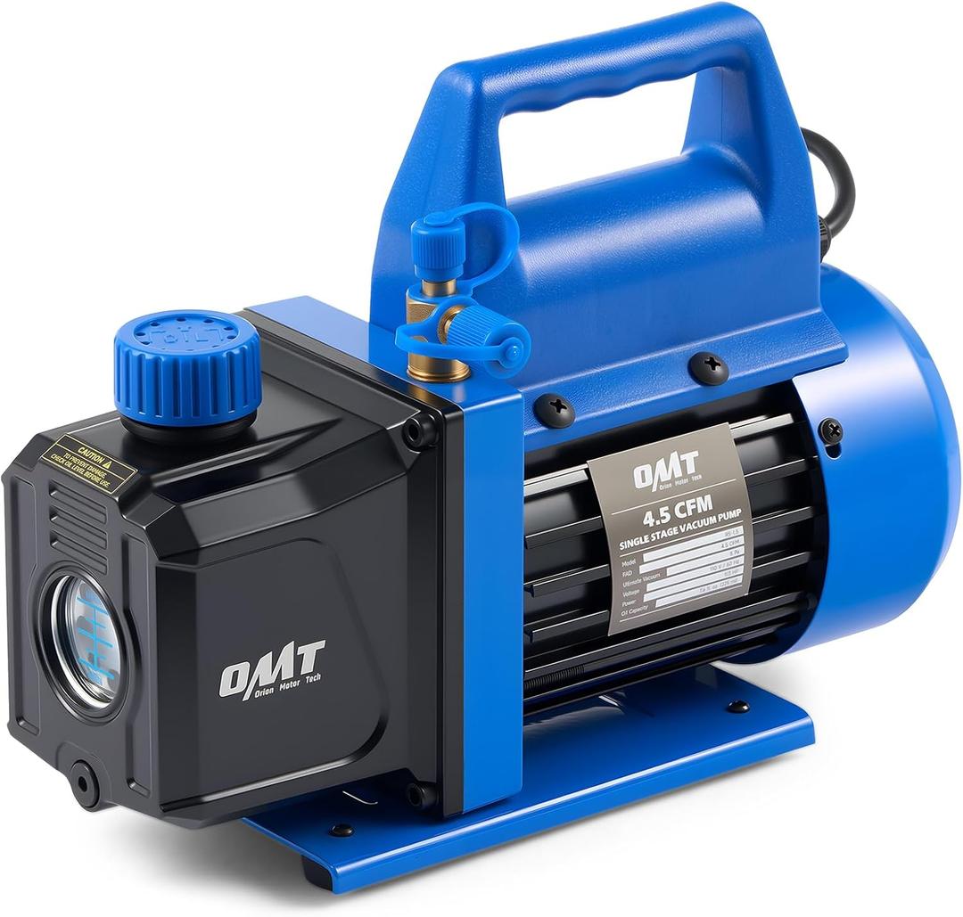 Orion Motor Tech Vacuum Pump, 4.5 cfm 1/3 hp HVAC Single Stage Vacuum Pump for R12 R22 R134a R410a R502, Auto AC Vacuum Pump Kit for Automotive Air Conditioner Resin Degassing & More, Oil Included (Blue)