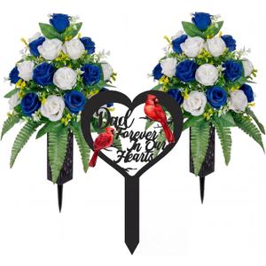 XunYee 3 Pcs Father's Day Memorial Dad Cemetery Decorations Artificial Cemetery Flowers Heart Cardinals Memorial Grave Markers Stake White Blue Rose Funeral Flowers for Grave Vase Decor Remembrance