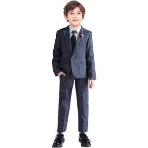 LOLANTA Kids Boys Plaid Suit Fashion Blazer Pants Set 2 Piece Formal Wear Outfit for Wedding (8-9 Years, Dark Blue)
