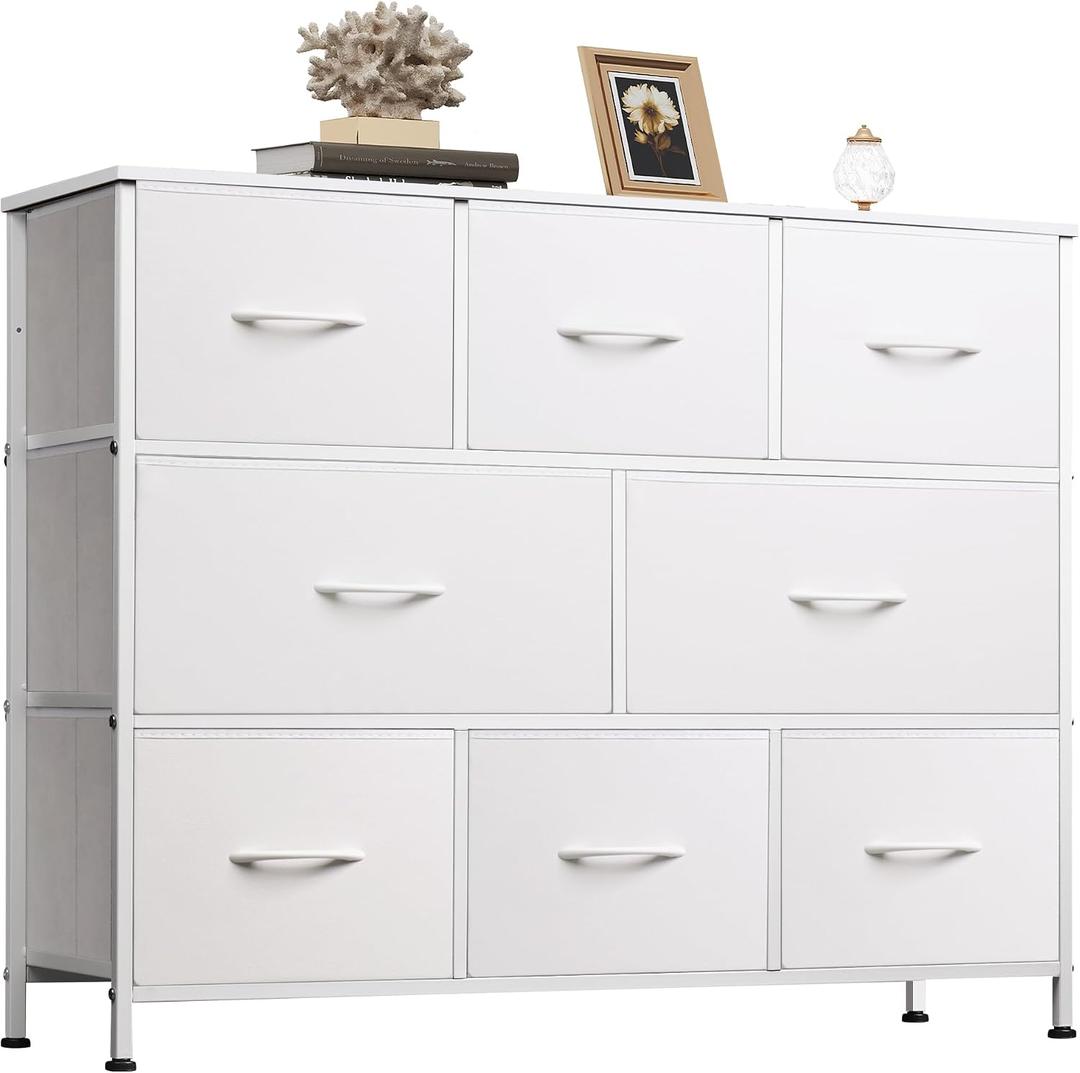 WLIVE 8 Drawer Dresser for Bedroom, Fabric White Dresser with Large Storage Drawer Unit for Entryway, Chest of Drawers for Living Room, 11.8"D x 39.4"W x 31.3"H