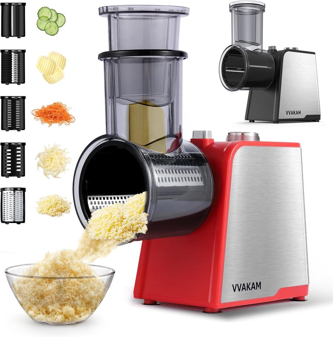 5-In-1 Electric Cheese Grater,300W Salad Maker,Electric Grater for Block Cheese,Kitchen Electric Food Slicer Shredder,Chopper for Vegetables Cucumber Carrots Cabbage Nuts(Red)