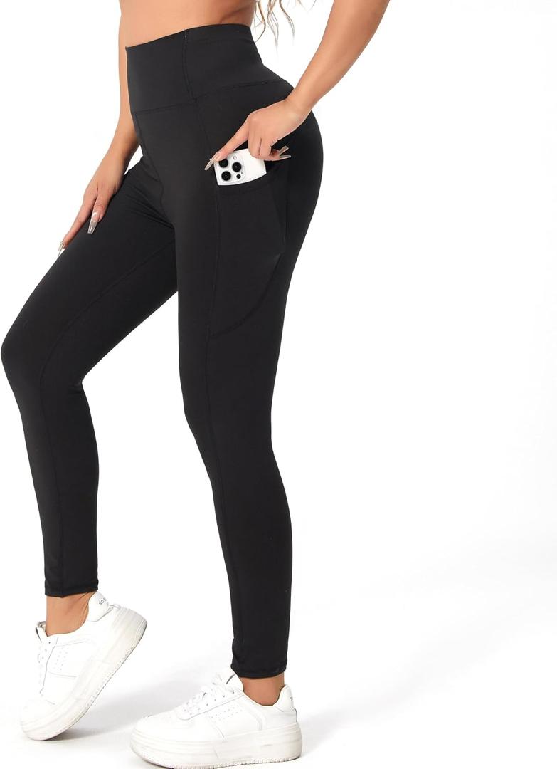 Thick High Waist Yoga Pants with Pockets, Tummy Control Workout Running Yoga Leggings for Women (Black, XXL)