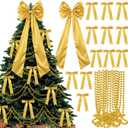 Gejoy Bow Christmas Tree Decoration Set, 30 Pcs Small Bows 1 Pcs 47" x 15.7" Large Tree Topper Satin Bows and Christmas Beads Garland Ornaments, Xmas Bead for Holiday Decor(Gold)