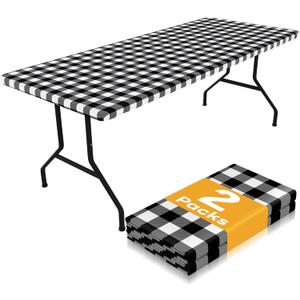 Smiry Picnic Table Cloth 2 Pack, Waterproof Elastic Fitted Tablecloths for 6FT Rectangle Tables, Washable Polyester Buffalo Plaid Tablecloth for Camping, Dining & Outdoor (Black & White, 30" x 72")
