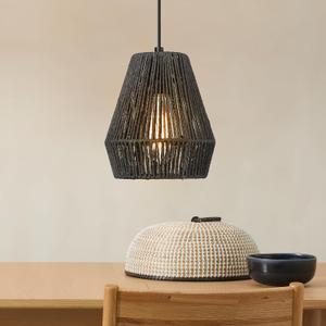 Woven Pendant Light Fixtures, ELYONA 7" Farmhouse Coastal Hanging Lamp with Matte Black Handwoven Rattan Basket Shade Modern Boho Pendant Light for Kitchen Island Dining Room Bar Bedroom Foyer Hallway