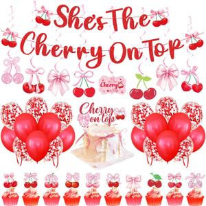 Shes The Cherry On Top Party Decorations Kit  Cherry Baby Shower Decor with Banner, Balloons, Cake Toppers, Swirl Hanging, Ribbons  Cherry Themed Party Supplies for Girls BirthdayBaby Shower