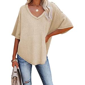 Dokotoo Womens Summer Casual Ladies V Neck Short Sleeve Shirts Waffle Knit Henley Tunic Tops Loose Fit Flowy Blouses Office Fashion 2025 Summer Apricot, Size: L, Pack of 2