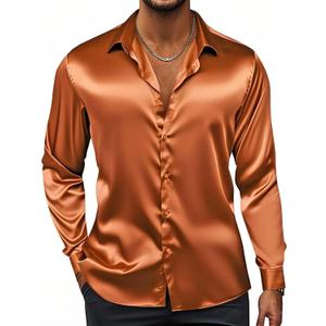 Hi-Tie Men's Silk Satin Dress Shirts Long Sleeve Shiny Casual Button Up Shirts Luxury Party Disco Prom Wedding Shirt, XL