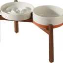 Havniva Ceramic 1.6 Cup Raised Slow Feeder Dog Bowl Set, Elevated 7.3inch Bowl and 8.2inch Dish with Acacia Wood Stand for Medium and Large Dogs(2 x Vanilla White+ Stand)