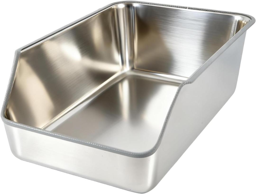 Stainless Steel Cat Litter Box with High Sides,Jumbo XL Extra Large Metal Kitty Litter Pan,Low Entry Cat Box for Indoor Kittens & Big Cats,Non Sticky,Non-Slip Bottom,Easy to Clean (L)