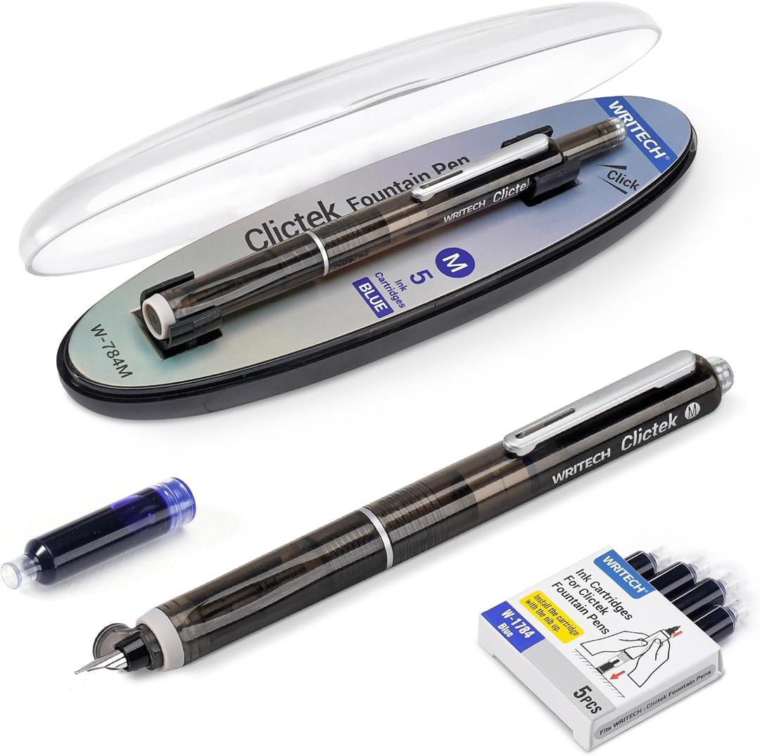 WRITECH Clictek Fountain Pen Retractable: Medium Nib Blue Ink Transparent Barrel Includes 5 Refillable Ink Cartridges, Smooth Writing No Leaking (Black)