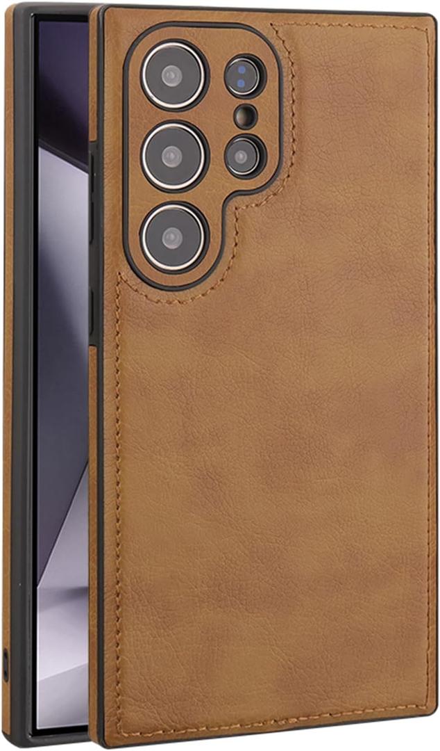 for Samsung Galaxy S24 Ultra Case Leather,Vintage Classic PU Leather Luxury Business Camera Frame Protection Cover,Soft Non-Slip Grip Anti-Scratch Shockproof Case for Samsung Galaxy S24 Ultra (Brown)