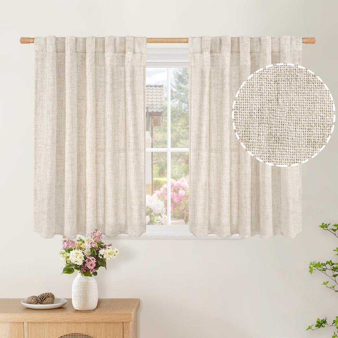BGment Small Linen Curtains 36 Inch Length for Cafe, Half Drapes Textured Semi Sheer with Rod Pocket Back Tab Rustic Light Filtering for Bathroom Kitchen Window Over Sink, 2 Panels Set, 42 X 36 Inch