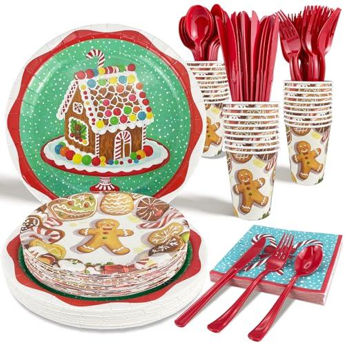 Christmas Dinnerware Sets of Paper Plates, Cups, Napkins & Cutlery for 25 Guests, Gingerbread House Disposable Party Plates,Kids Xmas Holiday Decorations Party Tableware Sets for School Family 175 pcs