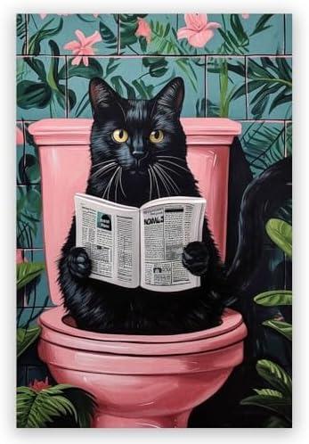 Pink Bathroom Wall Art Funny Black Cat Toilet Reading Newspaper Poster Cute Humorous Animal Pictures Canvas Printing Bathroom Decoration 8x12inch Unframed,2pcs