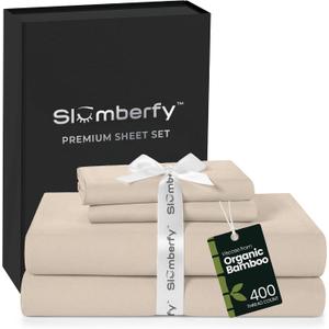 Slumberfy 4-Piece 400 TC Viscose Derived from Bamboo Sheets, Queen Size - 1 Fitted, 1 Flat, 2 Pillow Cases - Deep Pocket Cooling Viscose-Bamboo Bed Sheets in Magnetic Closure Gift Box, Sand