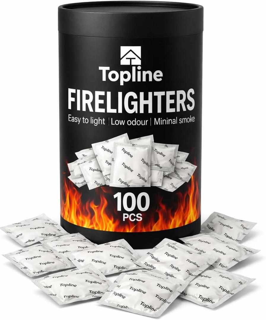 Topline 100 Fire Starters for Fireplace, Wood Stove, Charcoal BBQ & Campfire Waterproof Odorless Fire Starter Sachets, Quick-Light Indoor & Outdoor Firestarter Pouches in Storage Tube