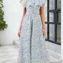 Gardenwed Women's Floral Wide Leg Jumpsuit, Ruffle Short Sleeve Square Neck Summer Casual Palazzo Romper with Pockets (L)