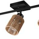 BoostArea 3 Light Track Lighting Kit, 3 Way Ceiling Spot Lighting with Handwoven Hemp Rope Lampshade, Flexibly Rotatable Light Head for Kitchen, Living Room, Bedroom, Bulb Not Included, 3 Light-Black