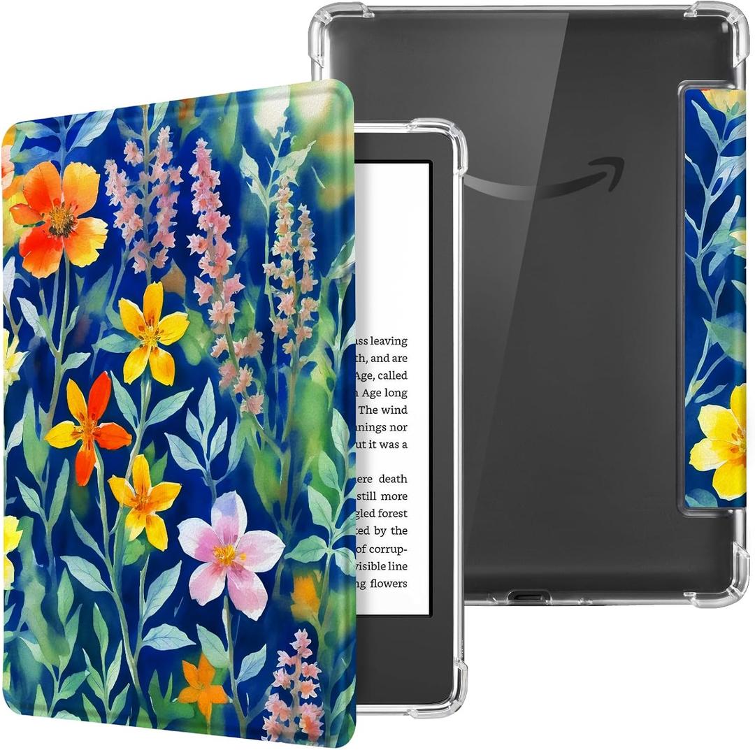 CoBak Case for 6" Kindle 11th Gen (2024 and 2022 Release) - Ultra Slim Transparent Clear TPU Back Shell Protective Cover with Auto Wake/Sleep for Kindle 11th Generation 2024 Release, Painted Flower
