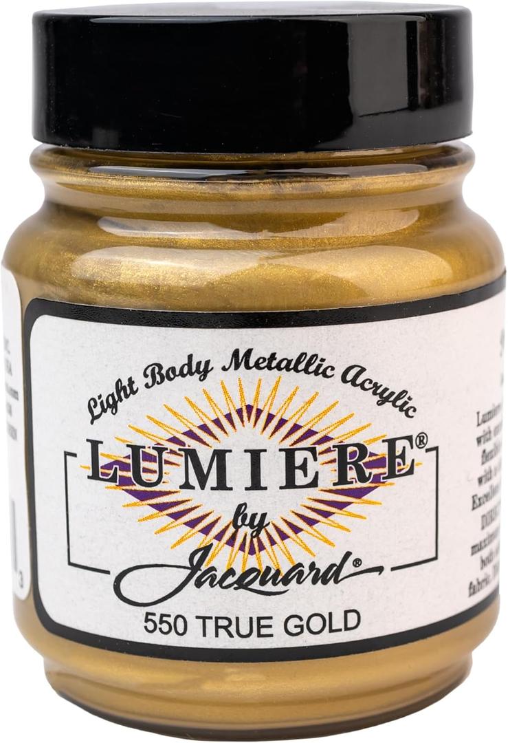 Jacquard Lumiere 2.25oz Fabric Paint True Gold - Metallic Paint for Fabric, Leather, Canvas, Paper and Wood - Light-bodied Metallic Acrylic Paint - Lightfast & Vibrant Metallic Acrylic Paints