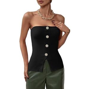 OYOANGLE Summer Going Out Tops for Women 2025 Button Front Sleeveless Strapless Tube Top Size M