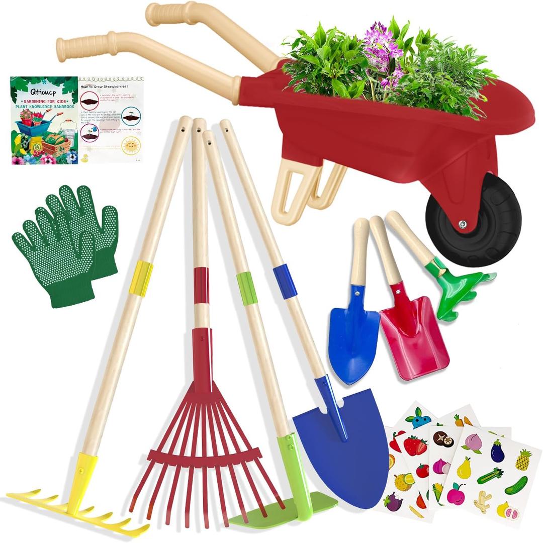 Qtioucp Kids Gardening Tools Outdoor Toys Set Backyard Play with Wheelbarrow Educational STEM Learning Pretend Toys Outdoor Indoor for Toddlers Kids Boys Girls (Red Wheelbarrow Set), Child-size