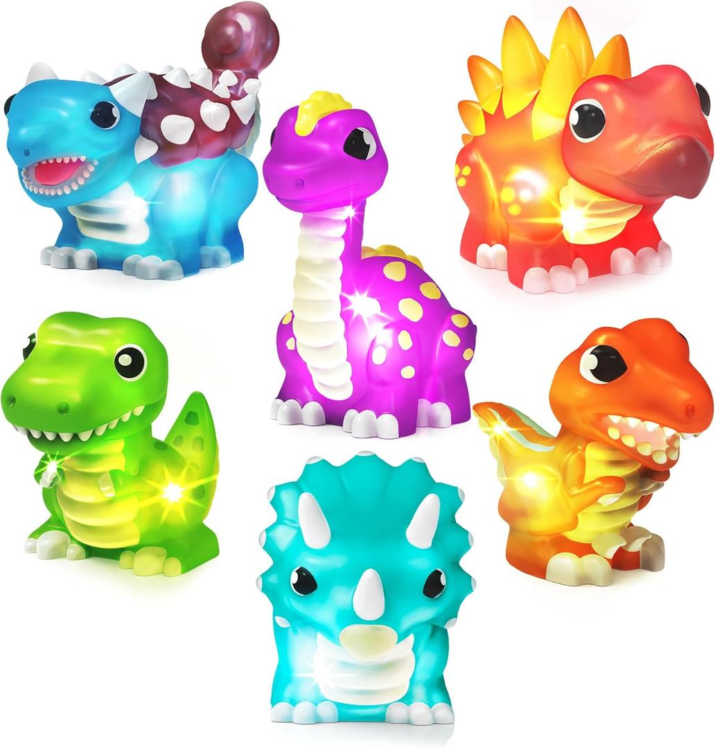 Tub Works Dinos Dinosaur Light Up Bath Toys, 6 Pack | Water-Activated Light Up Toys Flash & Change Color | Easy-Grip Baby & Toddler Bath Toys | Sensory Bath Lights Watertight Bathtub Toys