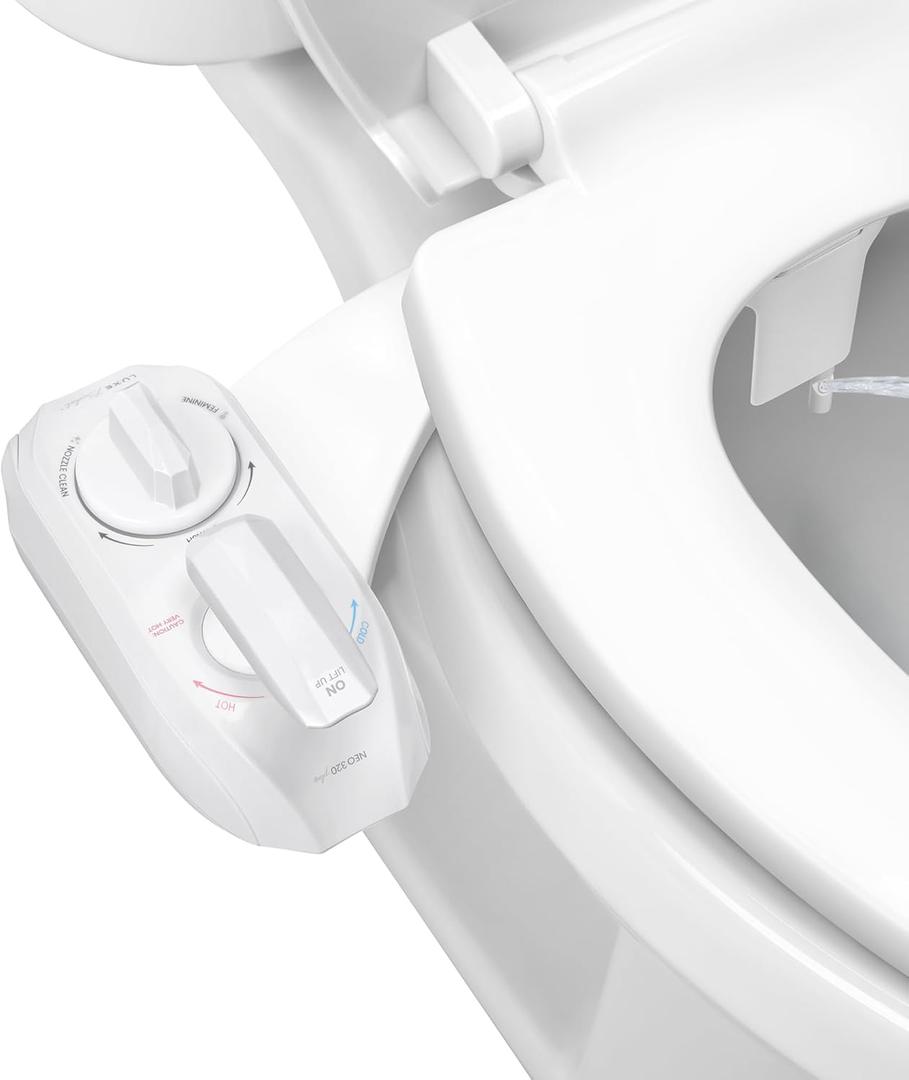 LUXE Bidet NEO 320 Plus - Warm Water, Dual Nozzle, Non-Electric Bidet Attachment for Toilet Seat, Patented Slide-In Install, 360 Self-Clean, EZ-Lift to Clean, Feminine & Rear Wash (White)