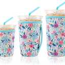3 Pack Reusable Iced Coffee Sleeves for Iced Coffee Cups or Drinks Reusable Neoprene Insulated Sleeves for Hot and Cold Drinks from Starbucks, Dunkin, And More (White Flower Bush)