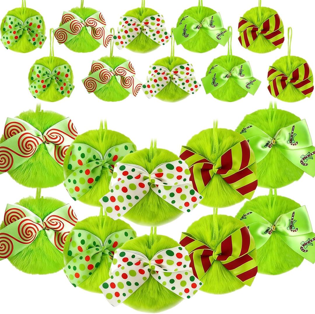 20 Pcs Lime Green Furry Christmas Ball Ornaments with Bow for Tree Furry Elf Faux Fur Hanging Pom Pom Ball Decorations for Christmas Tree Holiday Party Gift Supplies