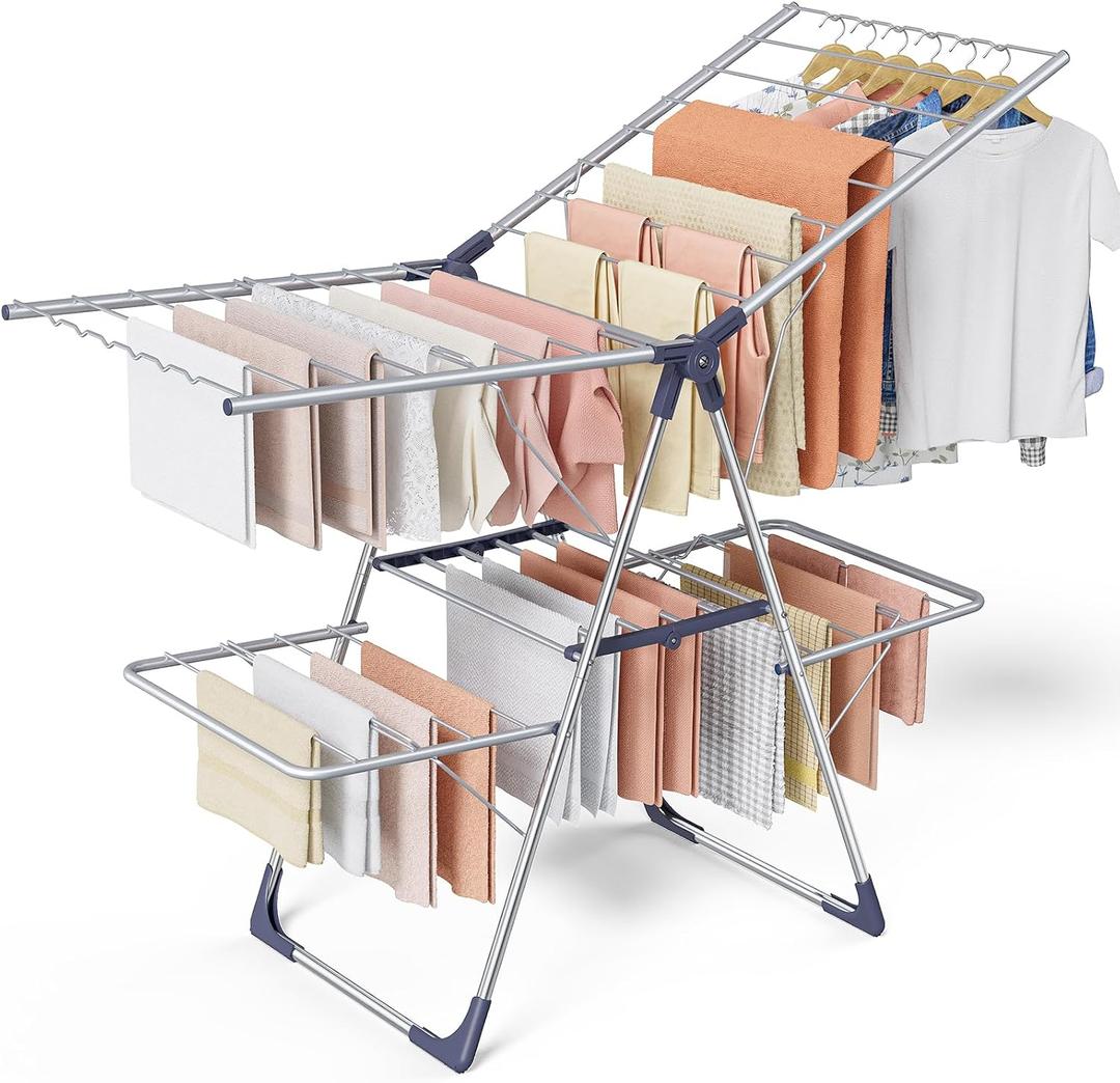 Sakugi Clothes Drying Rack, Foldable 2-Level Laundry Drying Rack with Height-Adjustable Wings, for Clothing & Bedding, Free-Standing Space-Saving Rack, Indoor & Outdoor, 55.5"L 22.8"W, Silver Blue, Large