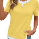 SHEWIN Womens Tops Casual Crewneck Color Block Short Sleeve Mock Double Layer T-Shirt Summer Outfits for Women 2026 (Yellow, M)