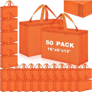 Windyun Reusable Grocery Bags Large Non Woven Shopping Bags with Handles Foldable Portable Tote, 16x6x12 Inch(16x6x12 Inch, Orange, 50 Pcs)