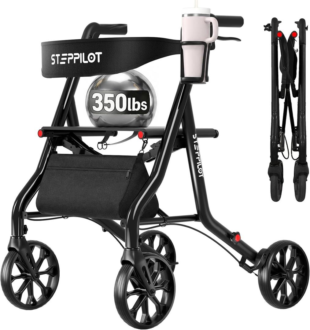 Zero Wobble Rollator Walker with Seat for Seniors, 350lb Capacity, 18" Extra Wide Seat, 8" Wheels & Dual Brake, One-Hand Folds to 9.6", 7-Level Handle Adjustable, Cup Holder & Cane Clip, Factory sl