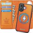 Wallet Case for iPhone 16 Compatible with Magsafe, 2-in-1 PU Leather Flip RFID Blocking Card Holder Stand Shockproof Magnetic Detachable Cover for iPhone 16 Case 6.1", Orange