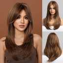 HAIRCUBE Brown Wigs for Women,Long Layered Brown with Blonde Highlight Wigs with Bangs Heat Resistant Synthetic Fibre Wigs(pelucas de cabello natural)