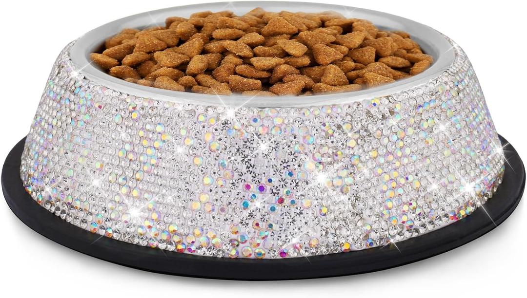 Sparkly Full Rhinestones Designed Stainless Steel Pet Rabbit Bowl - Stylish and Practical Diamond Food Water Dishes Bowls for Small Medium Large Dogs Cats Rabbits (Silver)