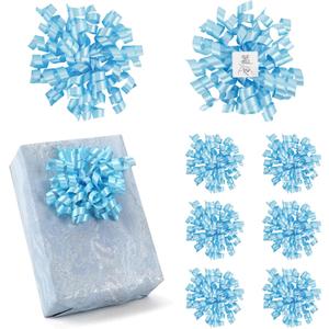 5 Inch Blue Gift Bow Curly Ribbon Bows Set of 8, Double Faced Satin Ribbon Bow Premade Self Adhesive Bow Decorations for Party, Wedding, Holiday, Gift Bows for Crafts, Wine Bottle, Presents