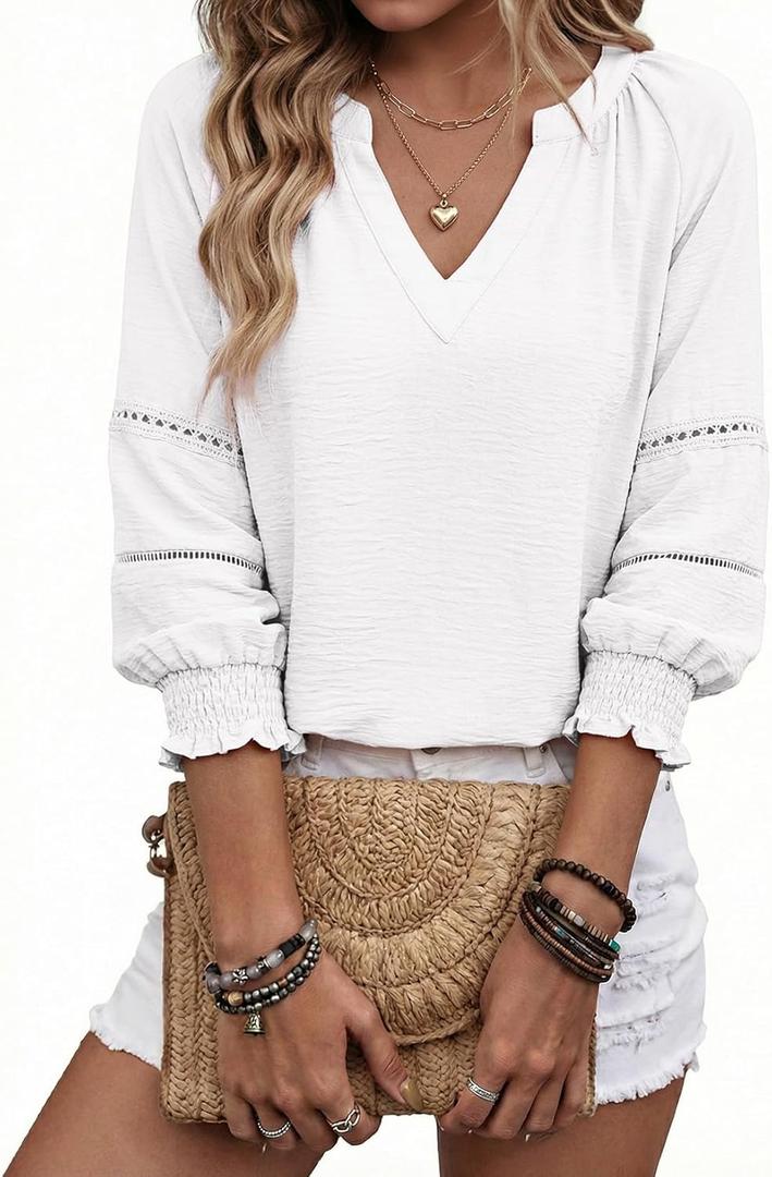 Dokotoo Womens 3/4 Sleeve Tops Pleated Business Casual Outifits V Neck Blouses Office Loose Shirts (X-Large, White)