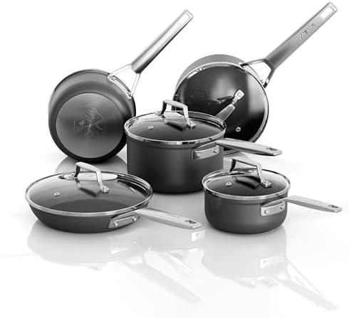 MSMK 9-Piece Pots Set Nonstick, Rice Cheese Burnt also Non stick, Evenly heated Smooth bottom, Scratch Resistant, Stay-Cool Stainless Steel Handle, Oven Safe to 700°F, Induction sauce pans set