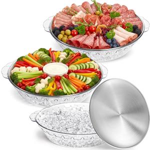 DEAYOU 3 Set 11.8" Chilled Serving Tray for Parties, Round Shrimp Cocktail Serving Dish with Ice Compartment, Ice Serving Bowl Cold Platter for Appetizer, Fruit, Veggie, Salad, Buffet, Keep Food Cold