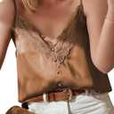 miduo Womens Satin V Neck Lace Trim Buttoned Cami Spaghetti Strap Camisole Sleeveless Tank Tops (XX-Large, Brown)