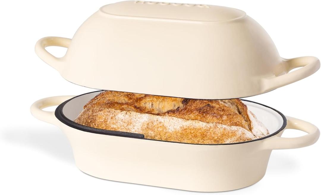 Dutch Oven For Sourdough Bread Baking  Enamelled Cast Iron Bread Loaf Pot  Oven Safe Non Stick Bread Pot  Rectangular, Cream, 24cm x 16cm  by Nuovva