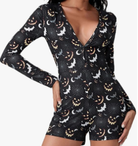 Miqil Women Short Onesie Pajamas Halloween Christmas Print Sexy Bodycon Long Sleeve V Neck One Piece Sleeper Romper Jumpsuits (Small, Grey Witch Bat)