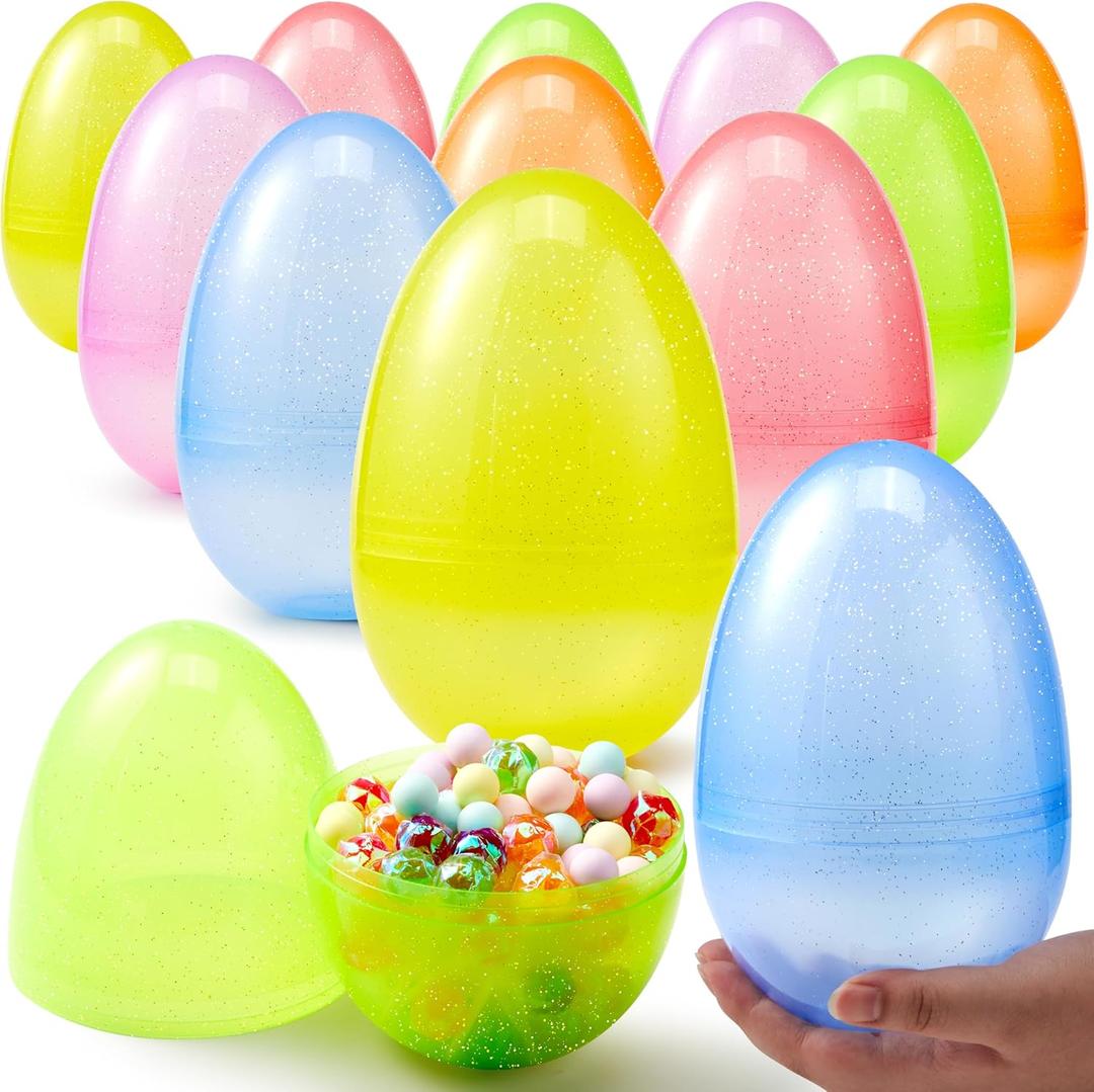 JOYIN 12 Pcs 7" Jumbo Plastic Easter Eggs, Clear 6 Assorted Colors Glitter Empty Eggs for Filling Treats Easter Party Favor Hunt Basket Stuffers Fillers Classroom Prize Supplies Toy