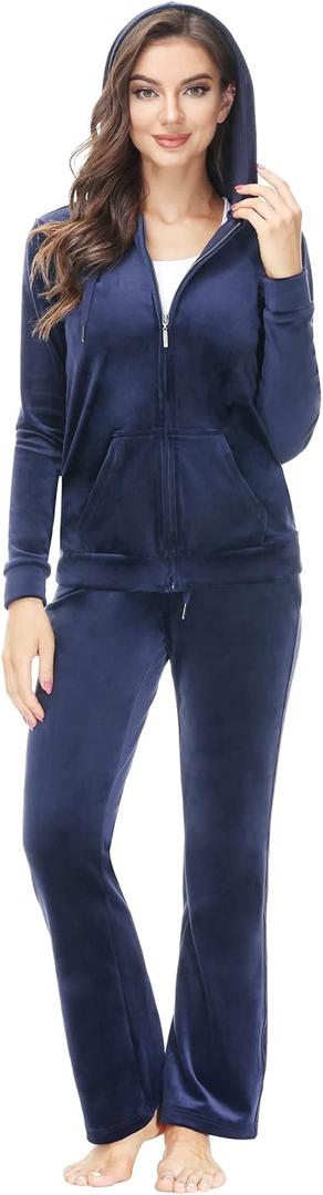 ANOTHER CHOICE Velour Tracksuit Women 2 Piece Zip-Up Velvet Sweatsuits Hooded Soft Jogging Set (Large, Navy)