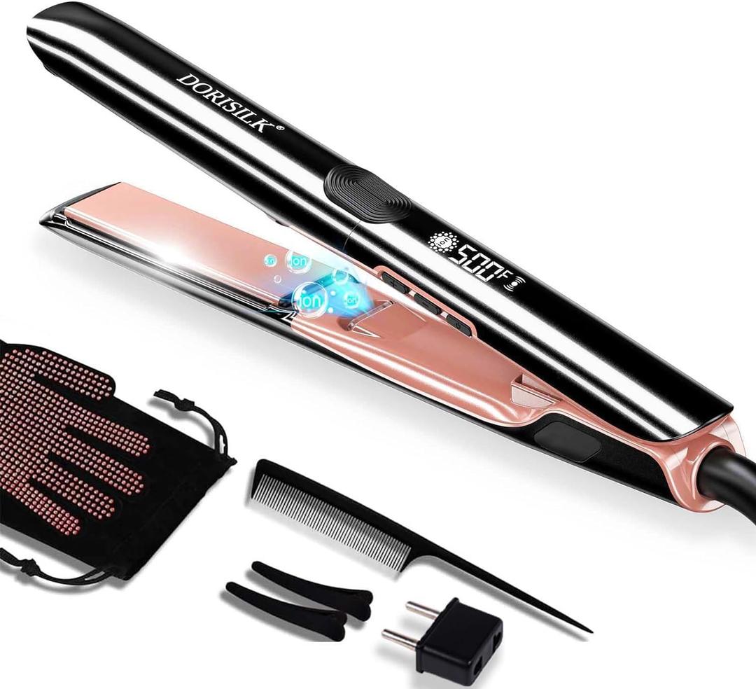 DORISILK 500 Degree High Temp Professional Hair Straightener30s Fast Heating Ceramic Flat Iron 2 in 1 Hair Straightener and CurlerPlasma Flat Iron Get Frizz-Free Dual Voltage for Travel Using