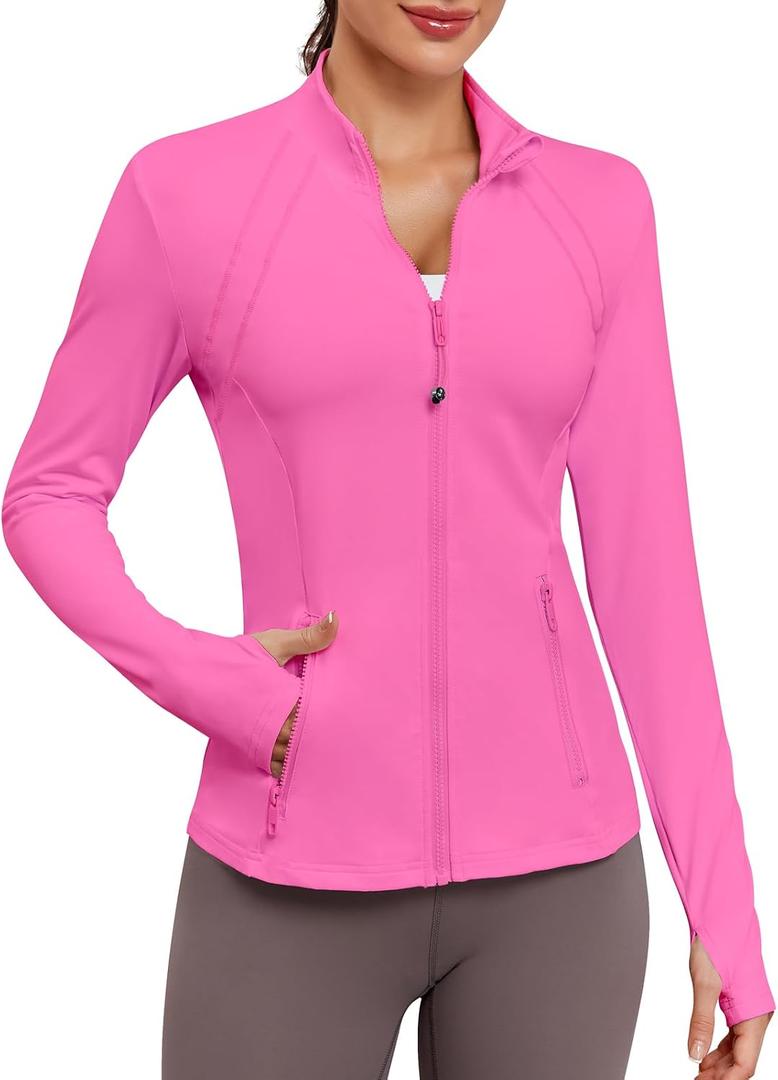 VUTRU Women Athletic Jacket Fitted Workout Running Zip Up Track Coat Layer with Thumb Holes Pockets for Yoga Gym Travel, Pink, Large
